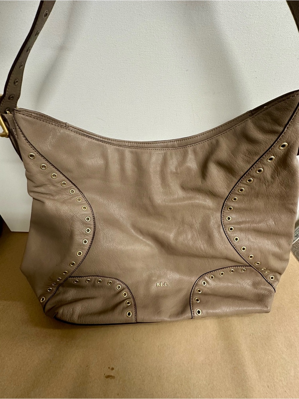 Ralph Lauren Brown Taupe Leather Hobo with Grommet Detail